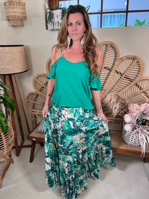 Forest green print full Boho skirt