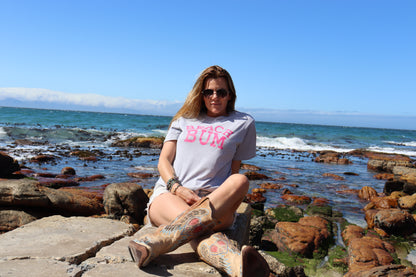 Classic grey Beach bum tee with hot pink lettering