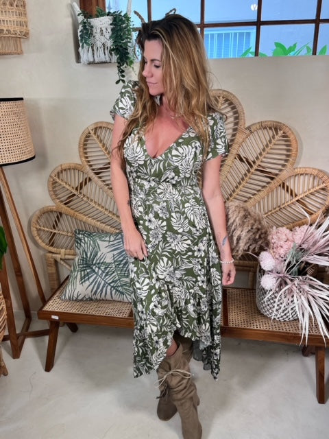 Green Floral Spanish style high low dress