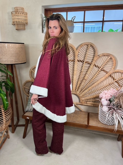 Burgundy Knit Poncho with winter white faux fur