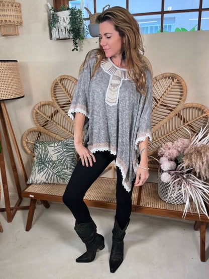 Grey knit Poncho with front detail
