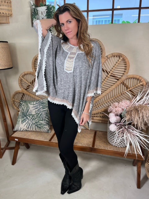 Grey knit Poncho with front detail