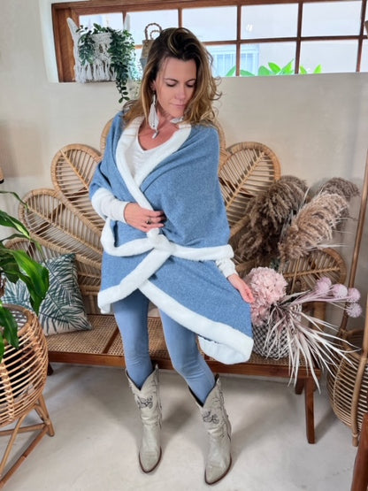 Denim Blue knit Poncho with winter white faux fur trim