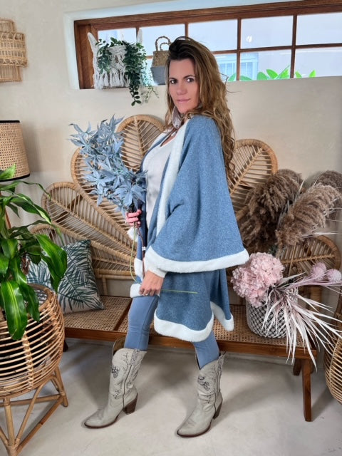 Denim Blue knit Poncho with winter white faux fur trim