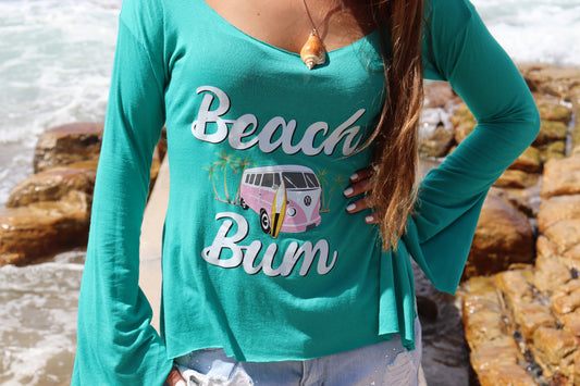 Teal green long sleeve Beach Bum top