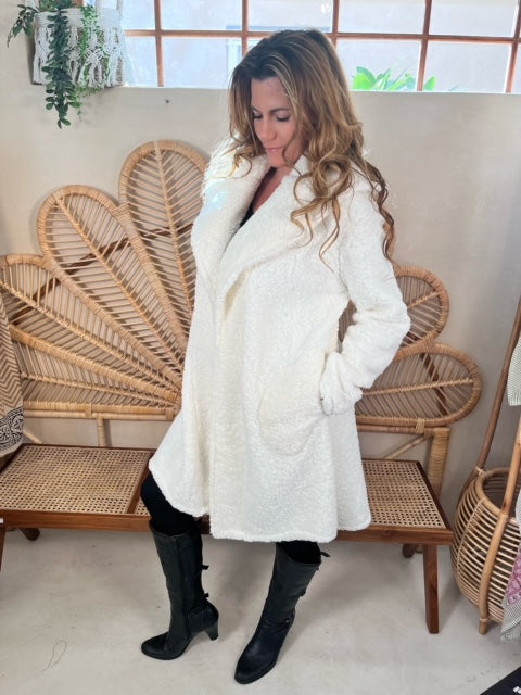 White faux fur swing coat
