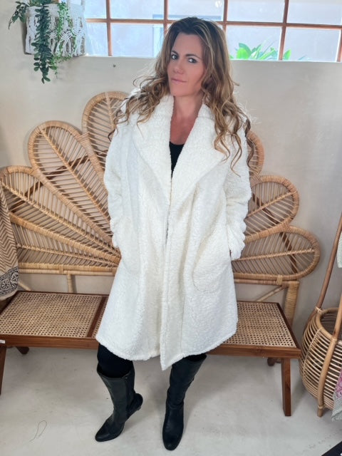 White faux fur swing coat