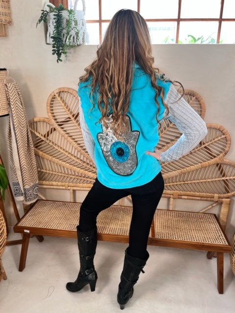 Turquoise and Grey track top with sequin detail