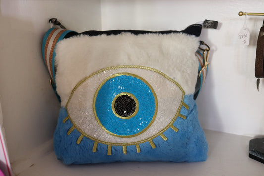 Blue and white fluffy evil eye bag