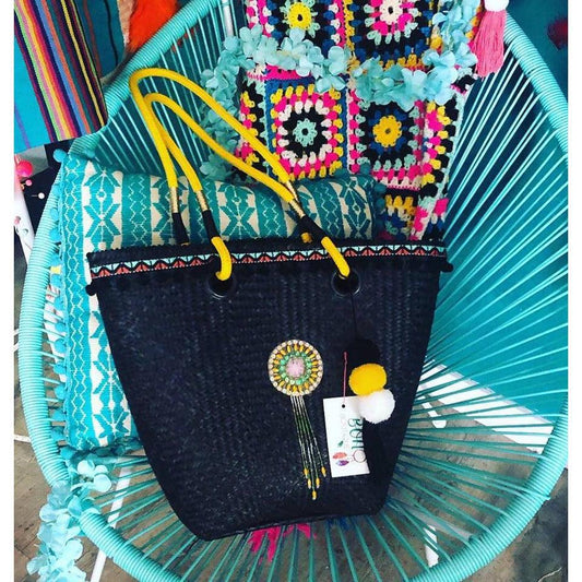 Black hand woven basket bag - Bohoboutique