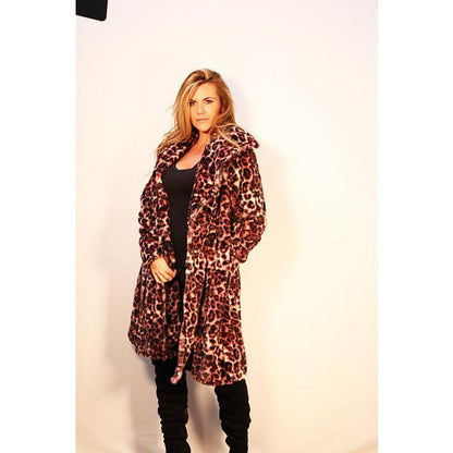 Burgundy leopard print faux fur swing coat - Bohoboutique