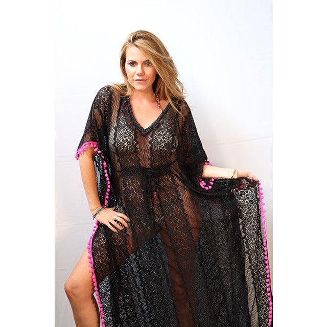 Black crochet style full length kaftan with hot pink trim - Bohoboutique